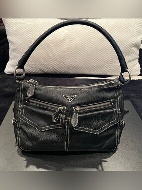 Prada Vitello Front Pockets Shoulder Bag Black Calfskin Leather 7 Pockets #2
